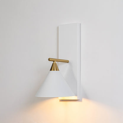 Minimal wall light in gold metal finish with cone shade for bedroom or living room ambient lighting decor white background.