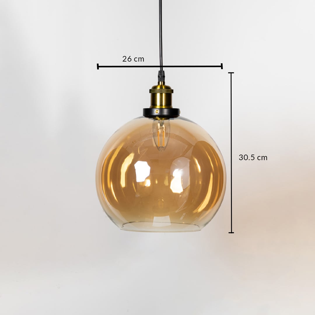 Amber glass globe pendant light measuring 26 cm width and 30.5 cm height crafted for elegant ceiling lighting decor.