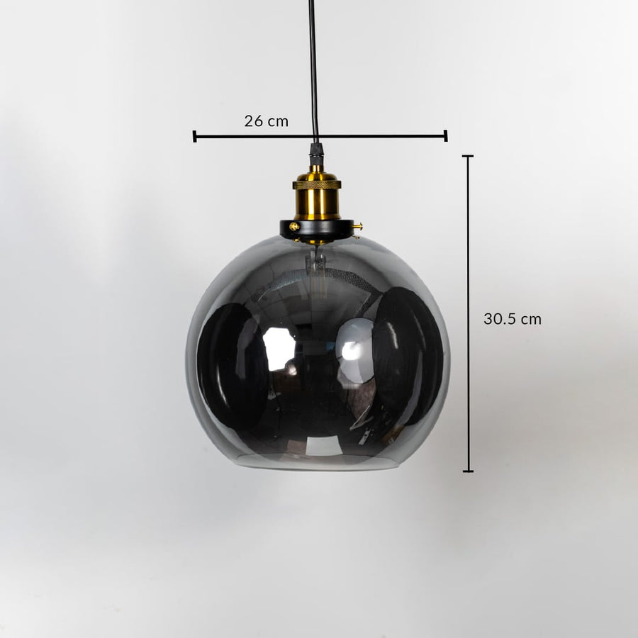 Dimensions of glass globe pendant light shown measuring 26 cm in width and 30.5 cm in height creating a modern round hanging ceiling lamp.