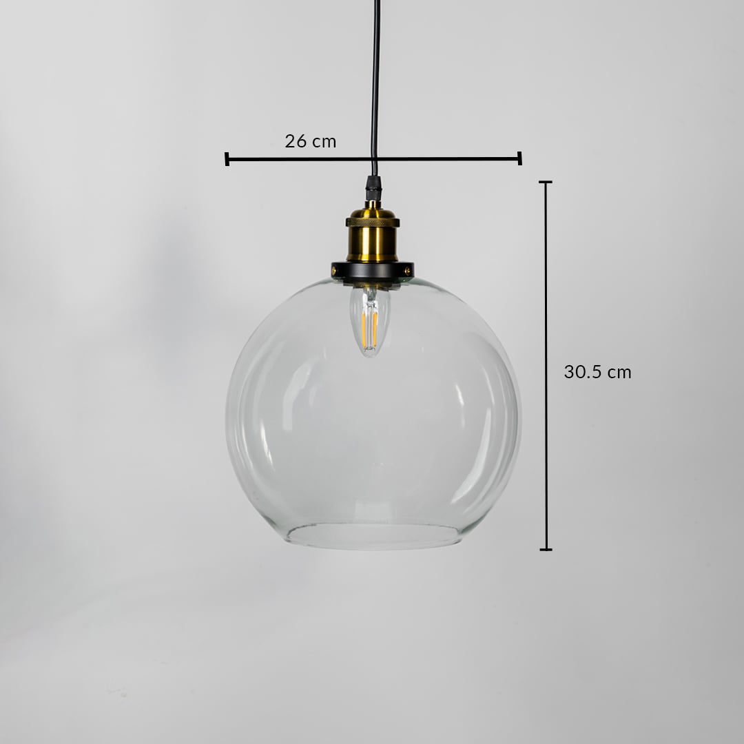Clear glass pendant light measuring 26 cm width and 30.5 cm height crafted for stylish ceiling lighting decor.