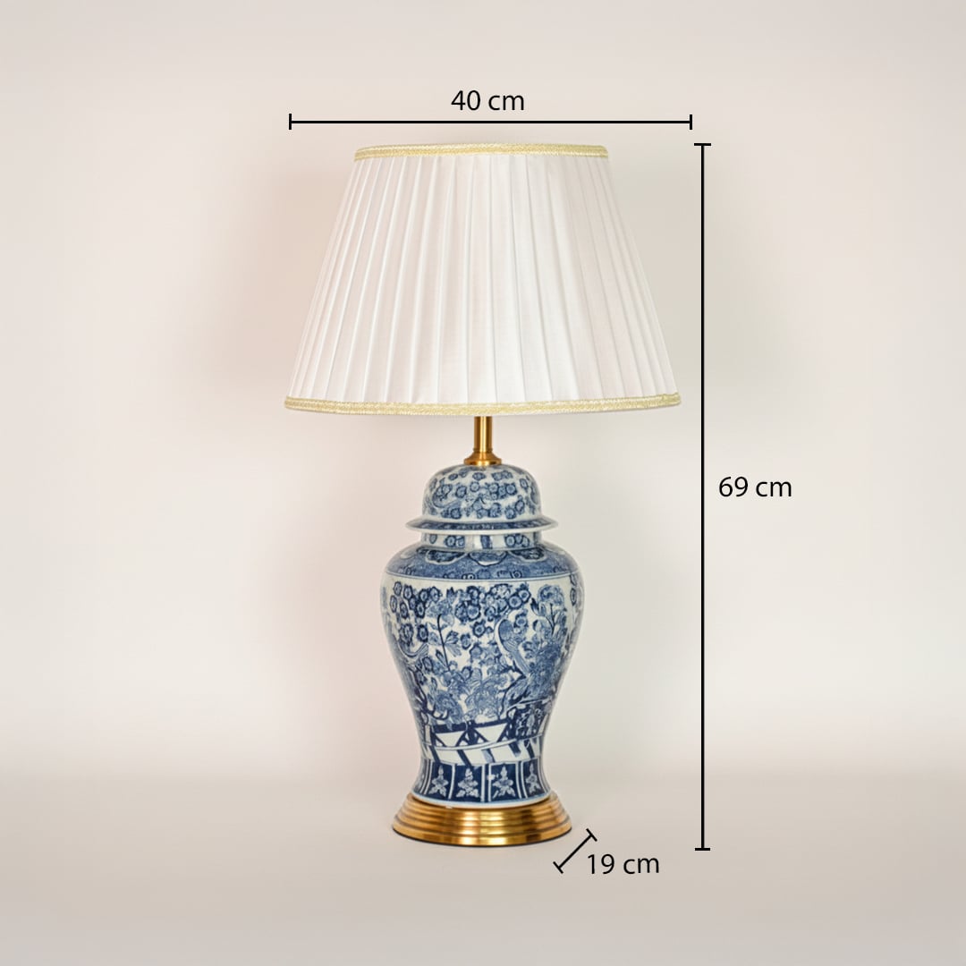 Blue white ceramic table lamp showing 69 cm height 40 cm shade width and 19 cm base size ideal for console placement.