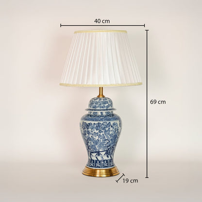 Blue white ceramic table lamp showing 69 cm height 40 cm shade width and 19 cm base size ideal for console placement.