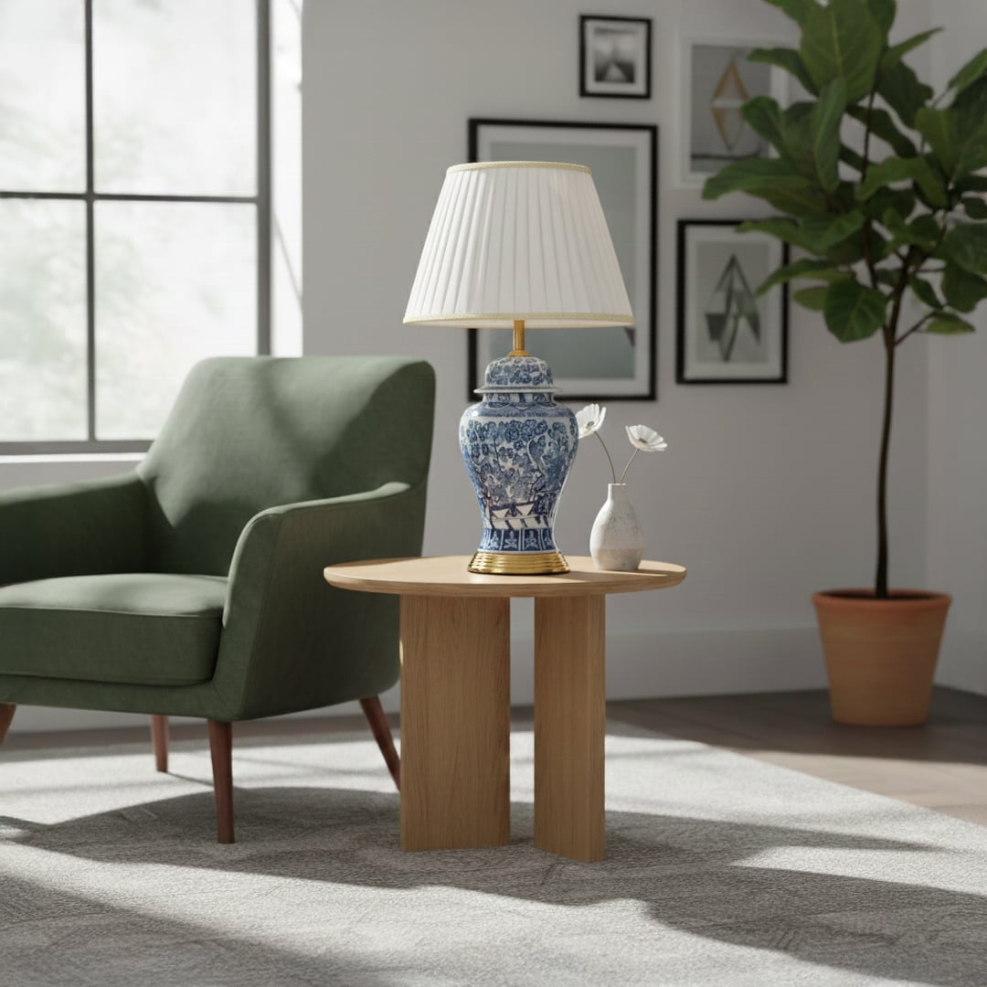 Blue white ceramic table lamp with traditional floral artwork gold metal base and pleated fabric shade styled in living room.