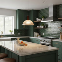 White glass pendant light creating warm ambience above the kitchen island in modern interiors.