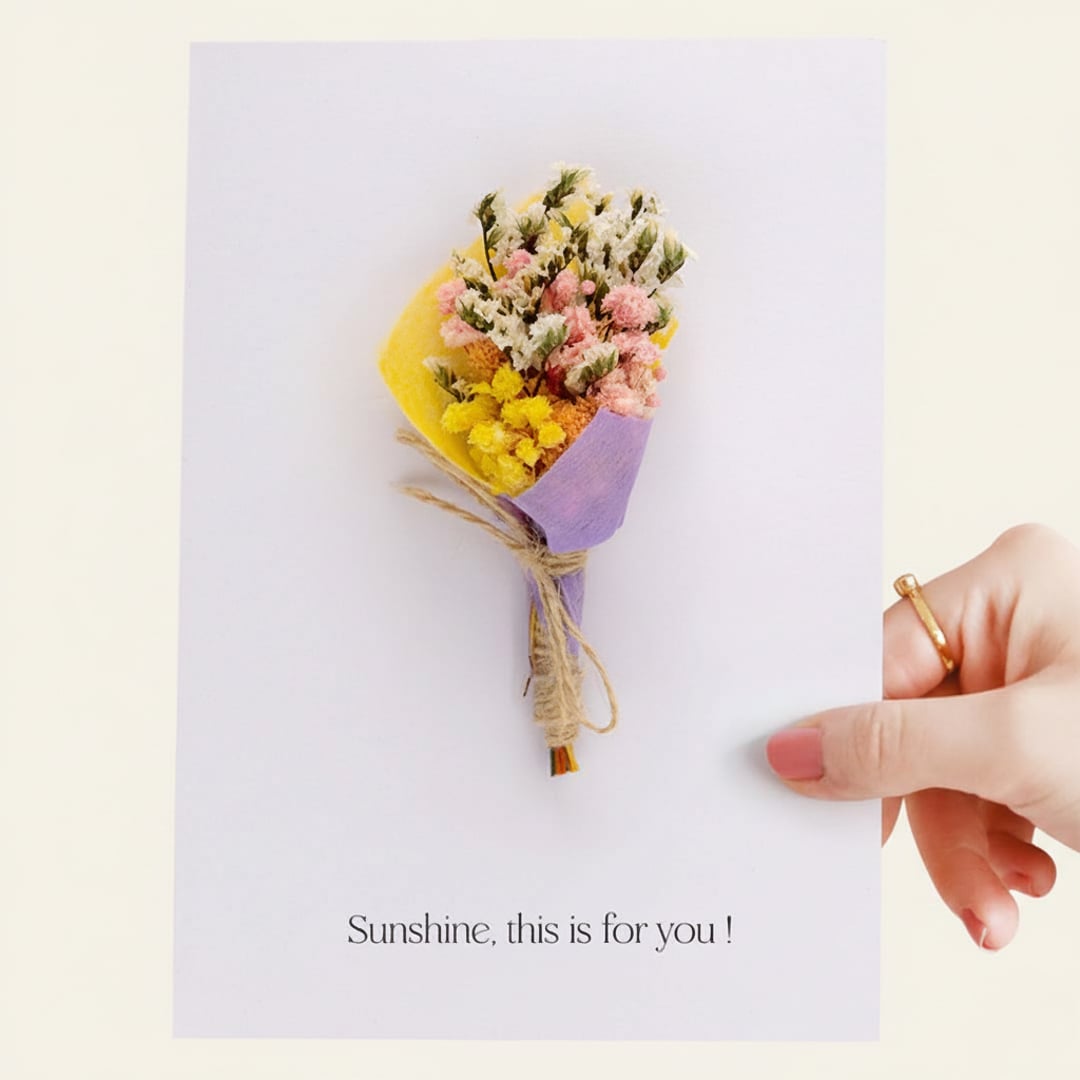 Hand holding a white greeting card with a mini yellow pink and purple dried flower bouquet isolated on a white backdrop.