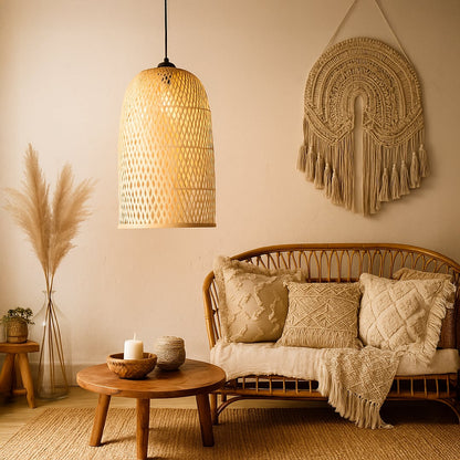 Natural rattan pendant light illuminating bedroom with warm rustic elegance and calming ambiance.