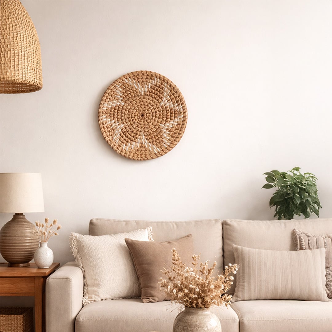 boho hanging seagrass woven wall basket main lifestyle