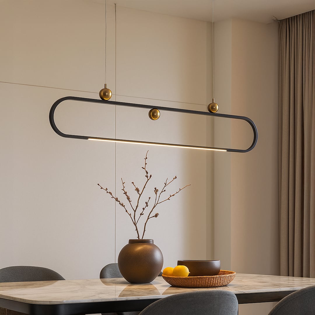 Modern chandelier displayed in a bright room showing its sleek oval frame and gold accents creating a stylish contemporary vibe.