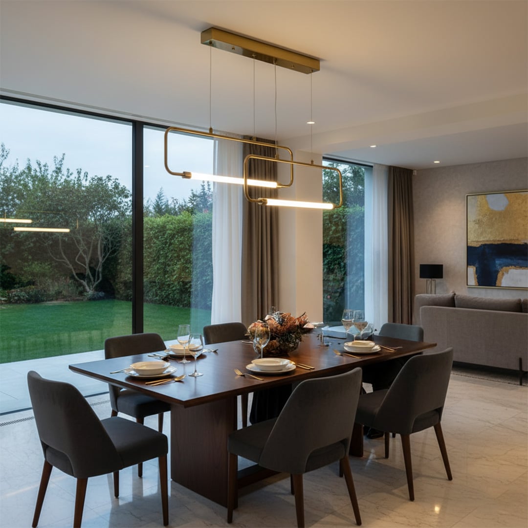 Gold linear pendant light hanging above wooden dining table with set place settings beside large windows creating elegant modern dining space.