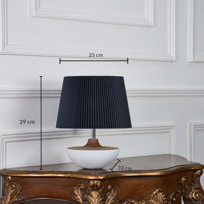 Black pleated table lamp dimensions — 39 cm height and 33 cm width — ideal for side tables and desks.
