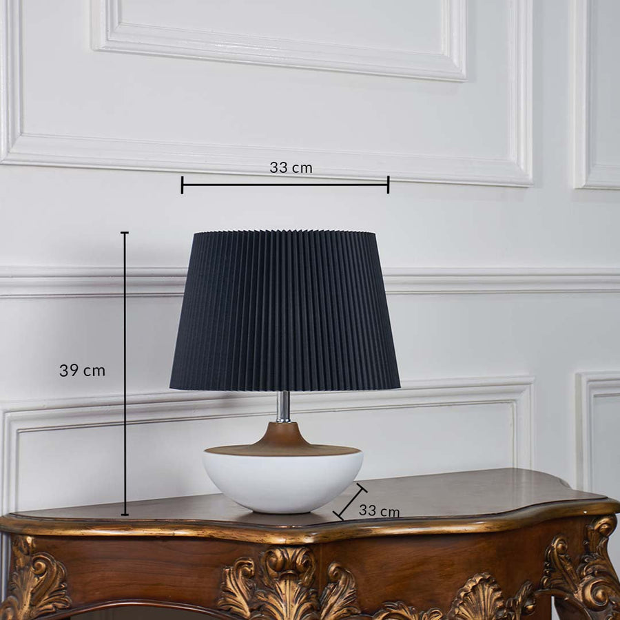 Black pleated table lamp dimensions — 39 cm height and 33 cm width — ideal for side tables and desks.