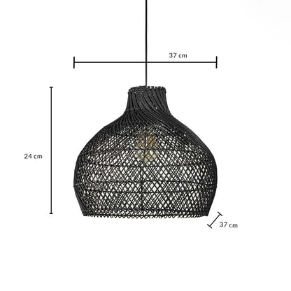 Black rattan pendant light dimension image displaying 24 cm height and 37 cm diameter suitable for modern home interiors.