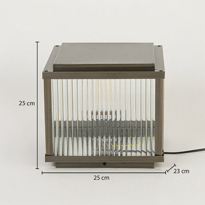 Modern outdoor wall light with rectangular metal frame and ribbed glass diffuser on neutral background 25 cm height 25 cm width 23 cm depth perfect for exterior decor lighting.