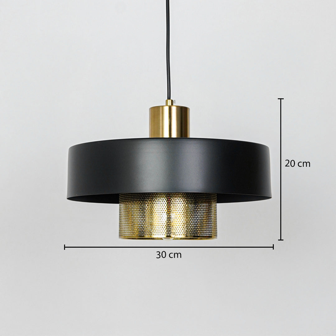Modern black and gold pendant light with 20cm height and 30cm width for elegant dining room decor styling.