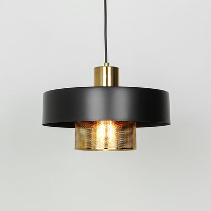 Modern black and gold pendant light suspended on white background for stylish dining room decor styling.