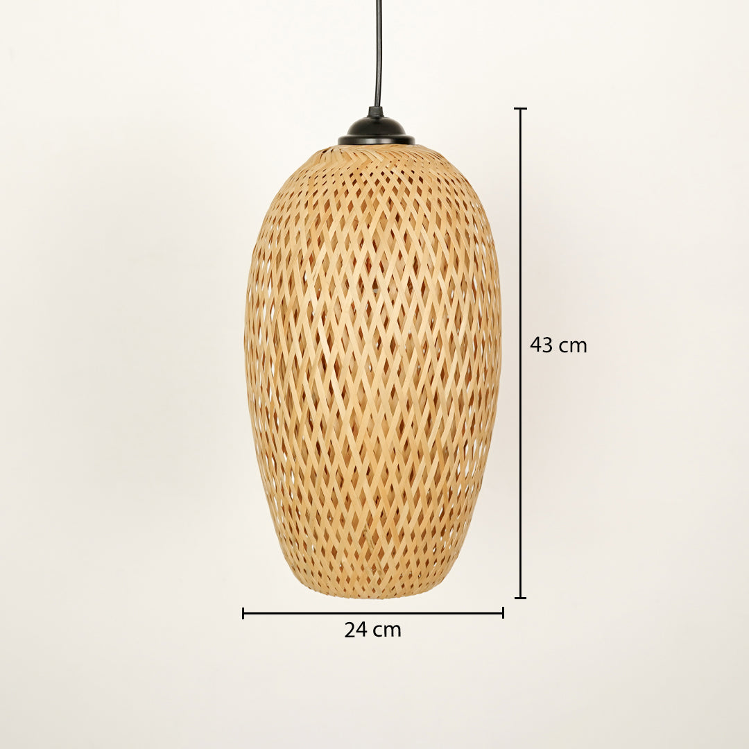 Handwoven rattan pendant light with natural finish displaying size details elegantly.