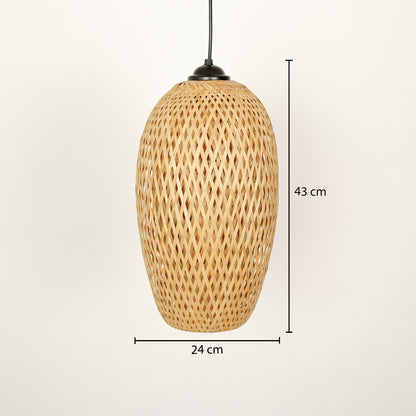Handwoven rattan pendant light with natural finish displaying size details elegantly.