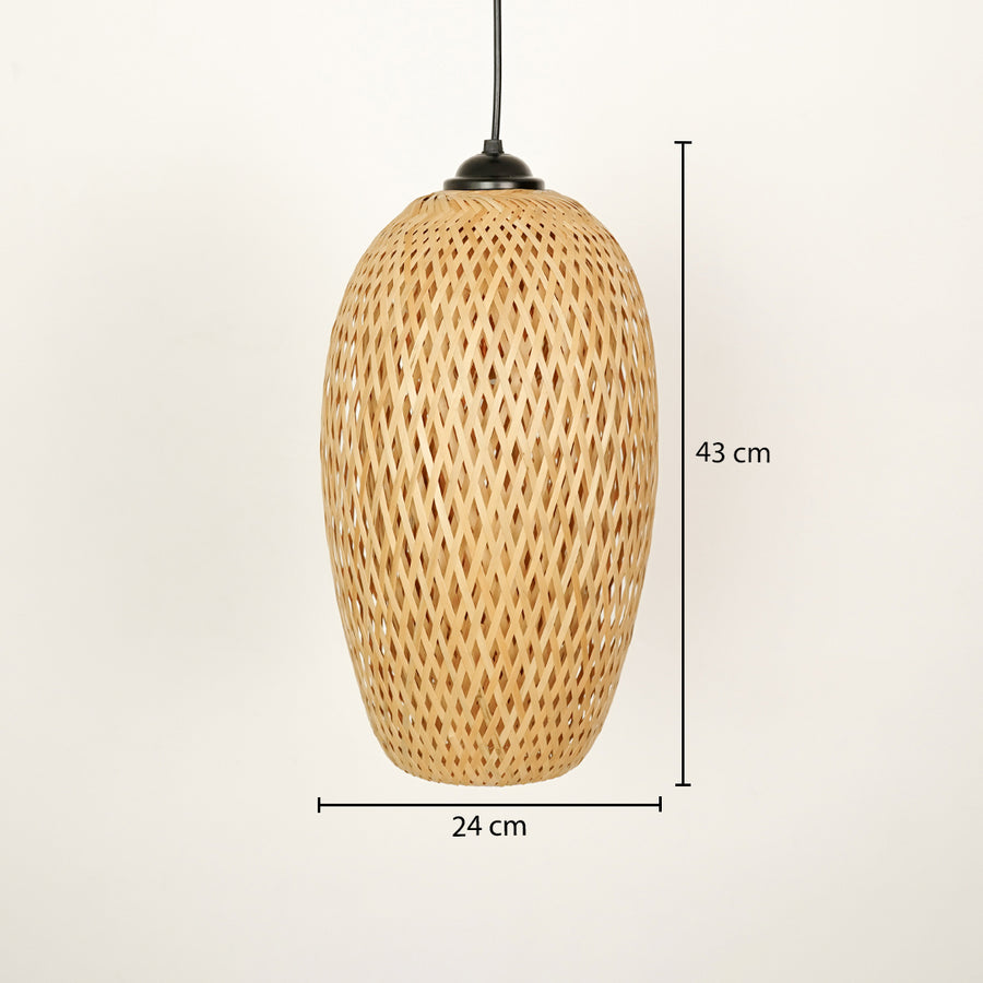 Handwoven rattan pendant light with natural finish displaying size details elegantly.