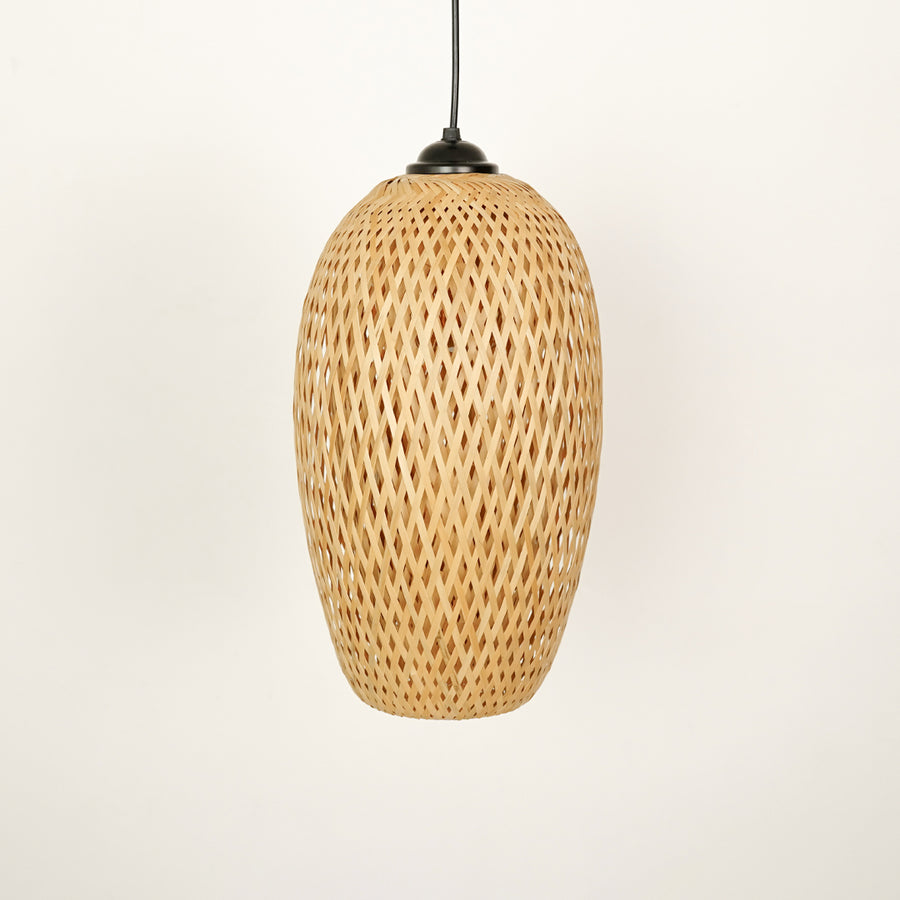 Handwoven rattan pendant light with intricate weave crafted for organic home decor.