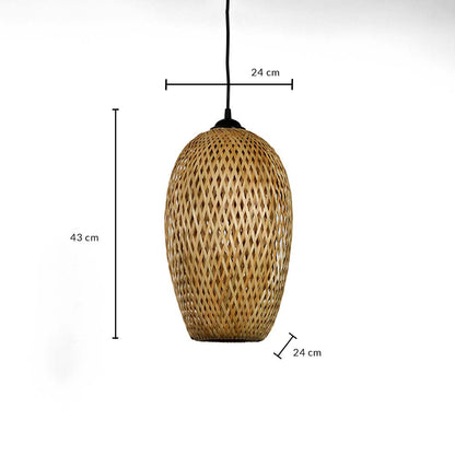 Woven bamboo pendant light with tall oval wicker shade shown with 43cm height and 24cm width for rustic interiors.