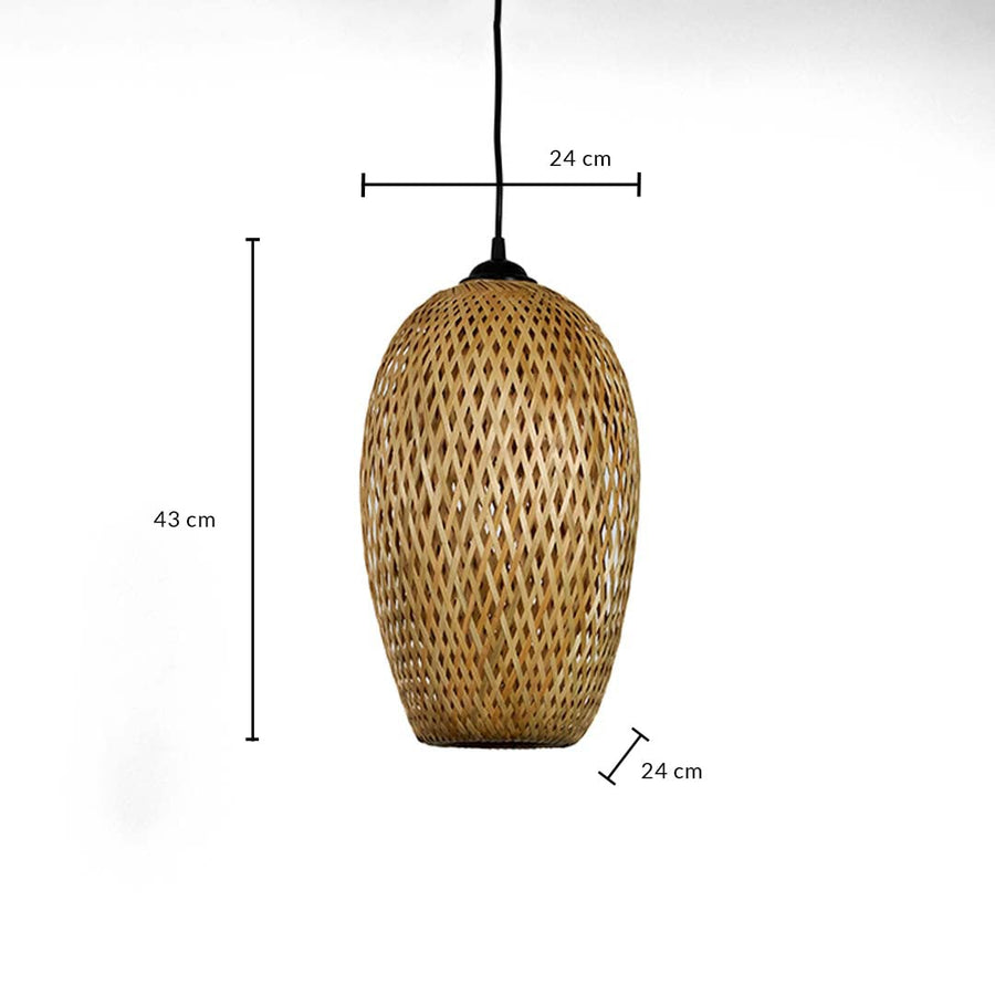 Woven bamboo pendant light with tall oval wicker shade shown with 43cm height and 24cm width for rustic interiors.