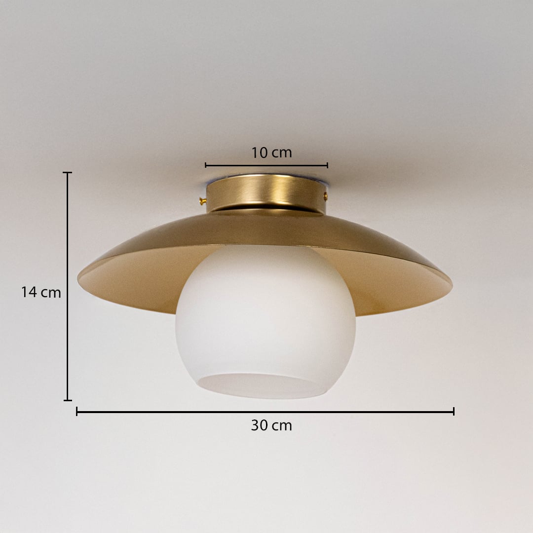 Ceiling light with brushed gold wide shade and frosted glass globe shown with size dimensions 14 cm height 30 cm width and 10 cm base.