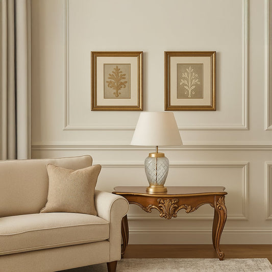 Modern floor lamp with chrome stand and white lampshade styled in a contemporary living room – elegant home lighting.