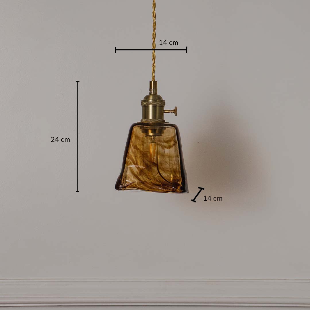 Dimension image of amber marbled glass pendant light with brass accents showing 24 cm height and 14 cm width.