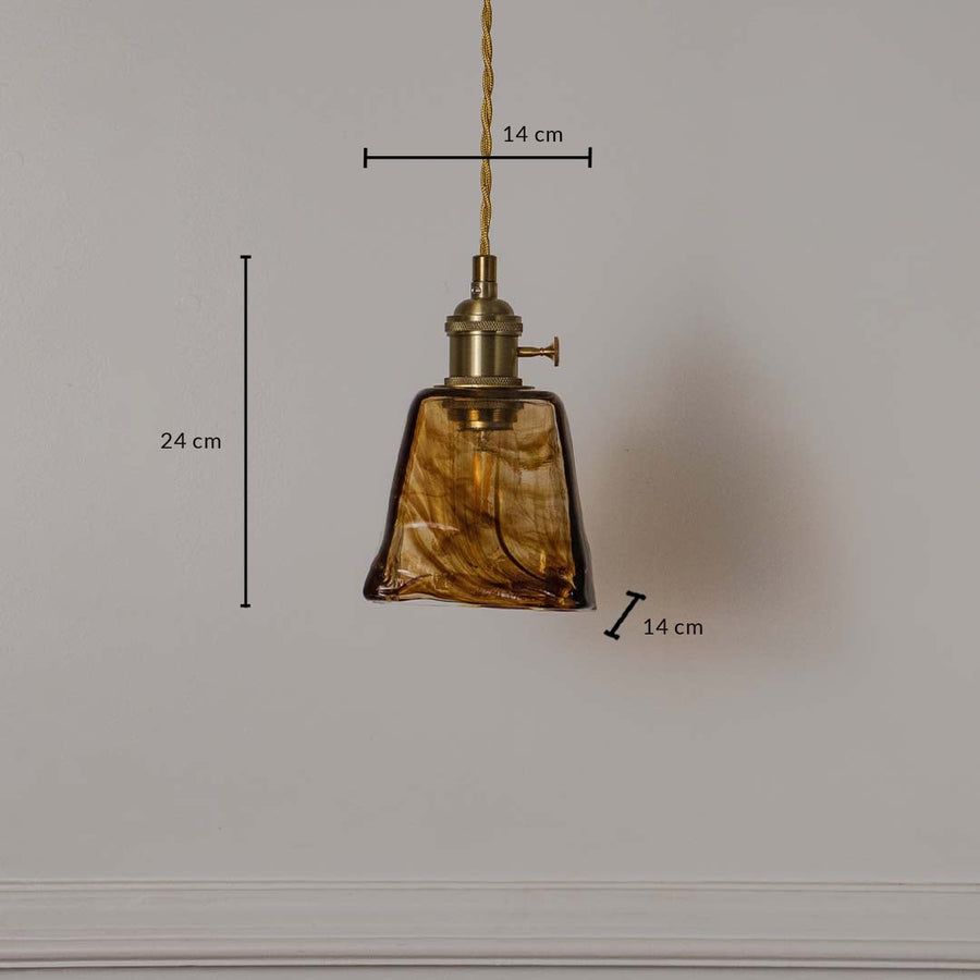 Dimension image of amber marbled glass pendant light with brass accents showing 24 cm height and 14 cm width.