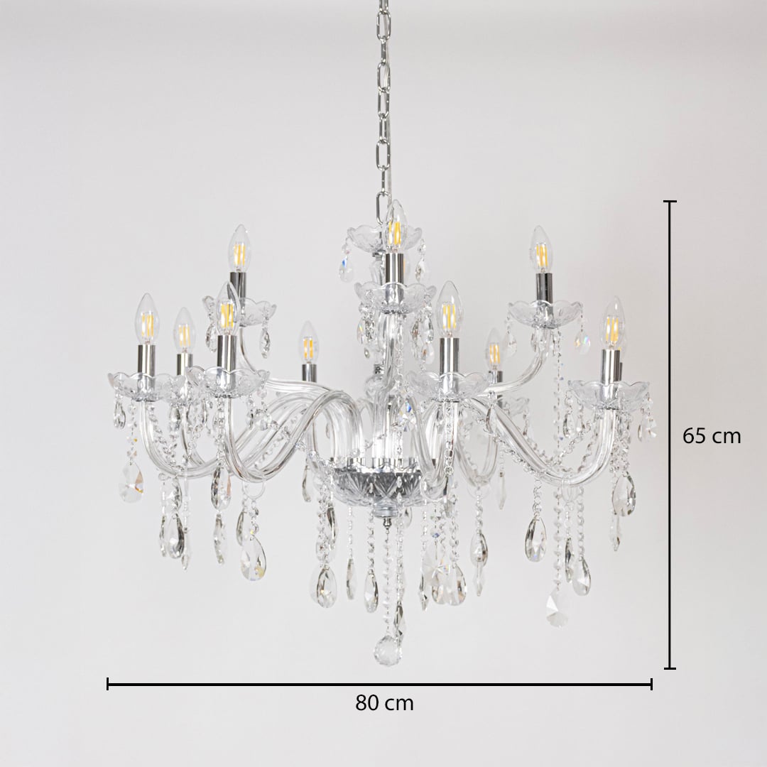 Crystal chandelier with multiple glass arms and crystal drops size 80cm height 65cm width 80cm depth displayed with measurements.