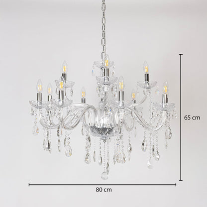 Crystal chandelier with multiple glass arms and crystal drops size 80cm height 65cm width 80cm depth displayed with measurements.