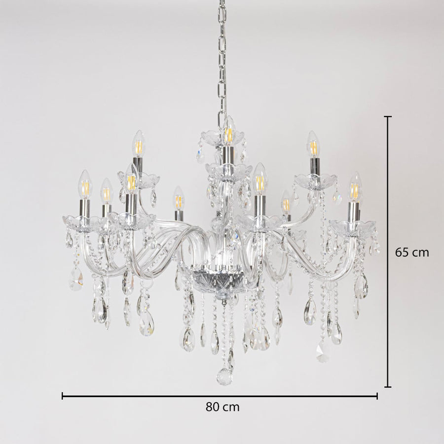 Crystal chandelier with multiple glass arms and crystal drops size 80cm height 65cm width 80cm depth displayed with measurements.