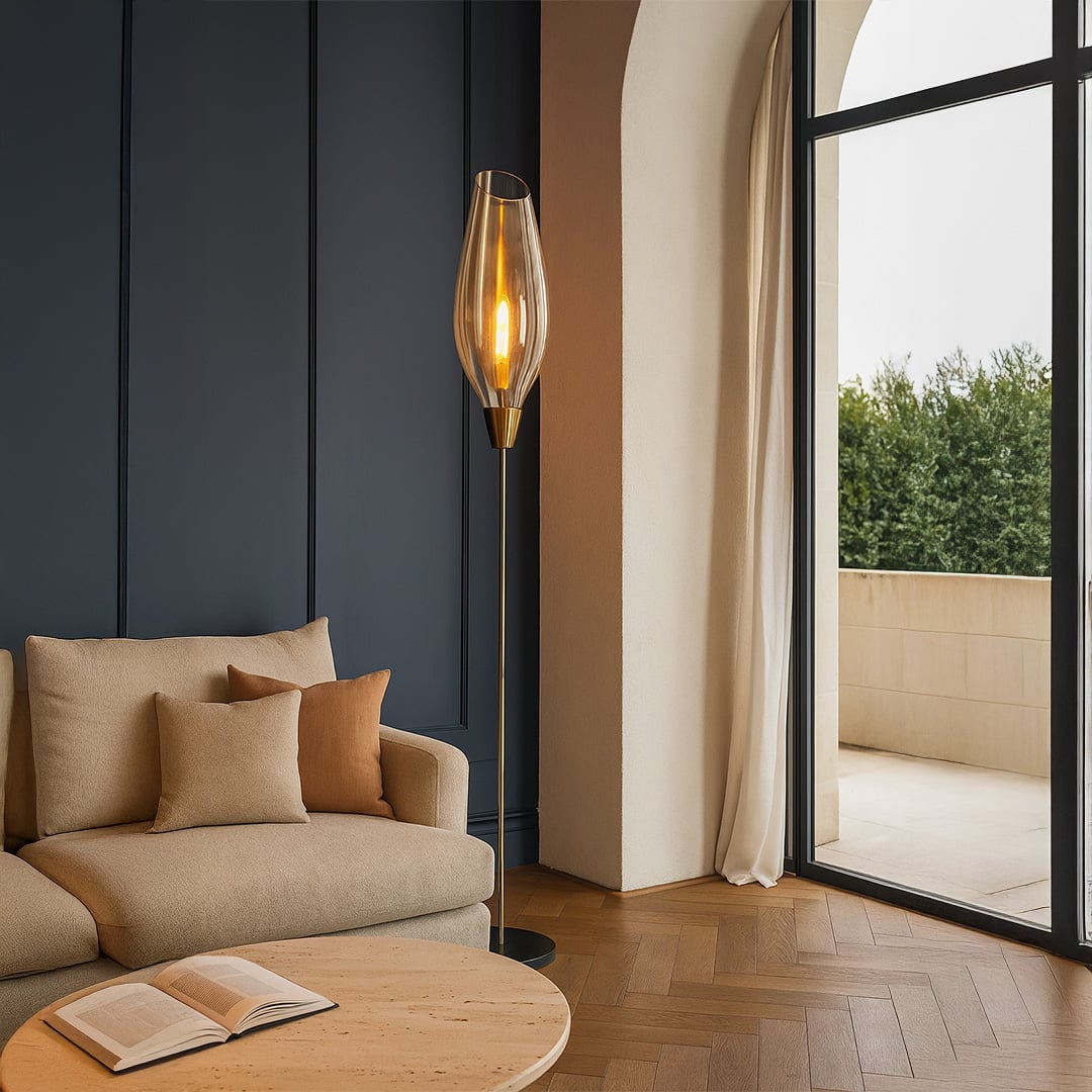 brilliance beam glass floor lamp amber main lifestyle