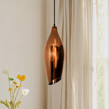 Lifestyle image of metallic red brilliance beam glass hanging pendant light for elegant dining room decor styling and modern home lighting design.
