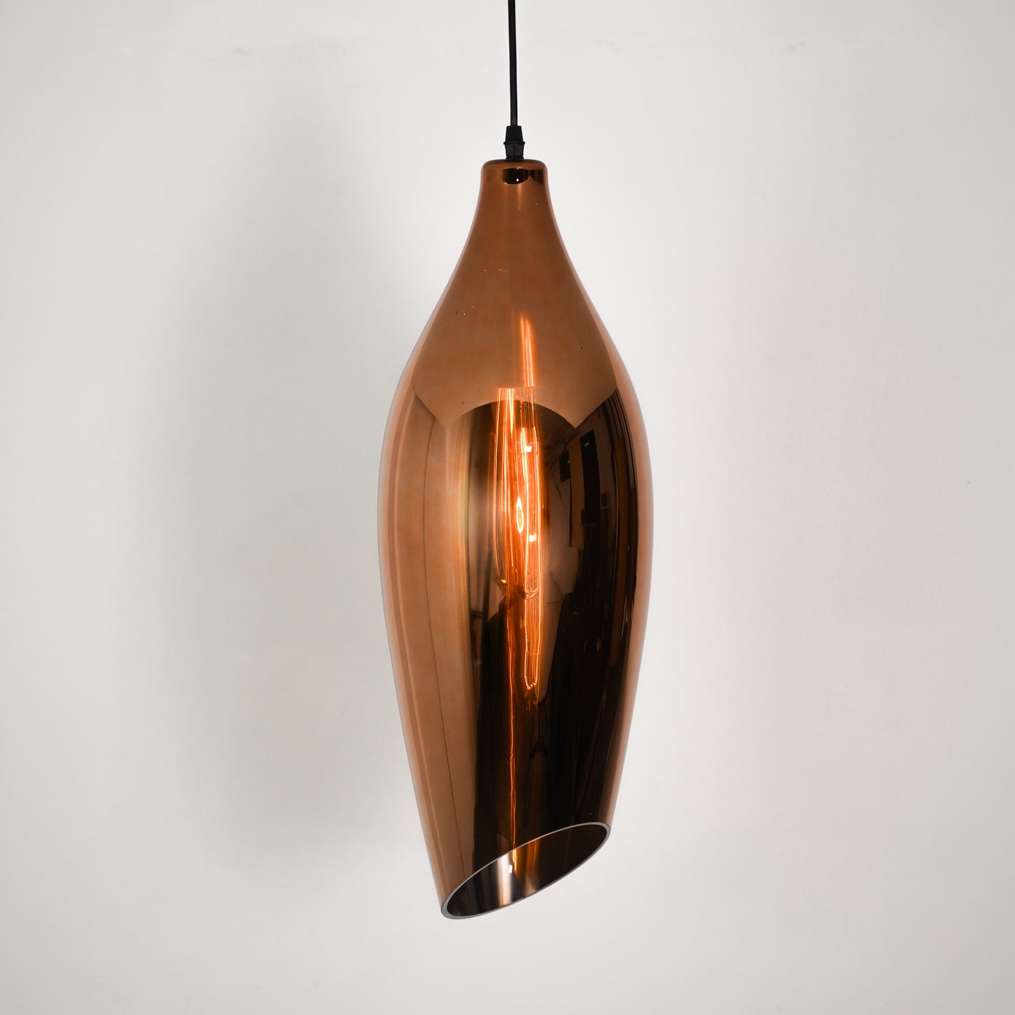 Dimension image of modern conical shape metal hanging lamp for elegant dining room decor styling and modern home lighting.