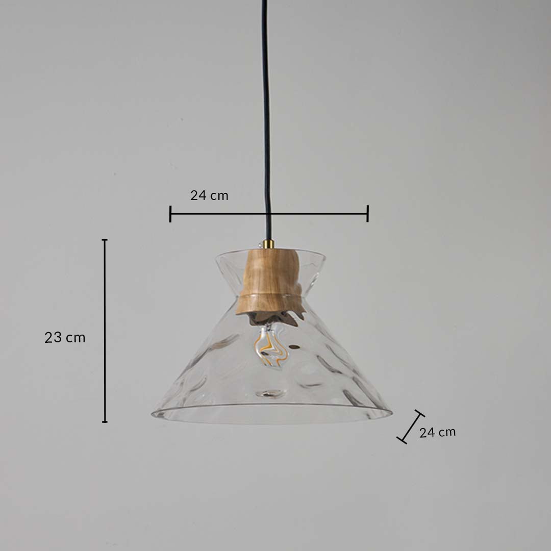 Clear glass pendant light with wooden holder shown with 23 cm height and 24 cm width measurement for decorative lighting.