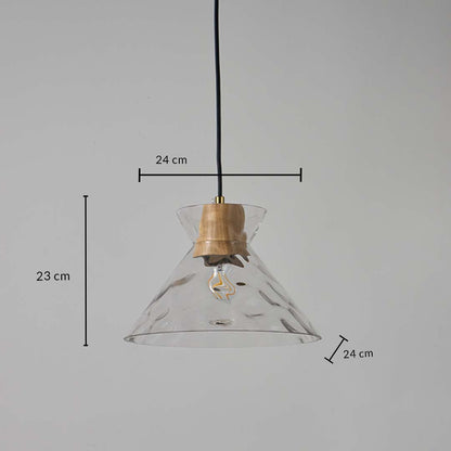 Clear glass pendant light with wooden holder shown with 23 cm height and 24 cm width measurement for decorative lighting.