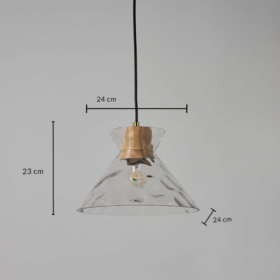Clear glass pendant light with wooden holder shown with 23 cm height and 24 cm width measurement for decorative lighting.
