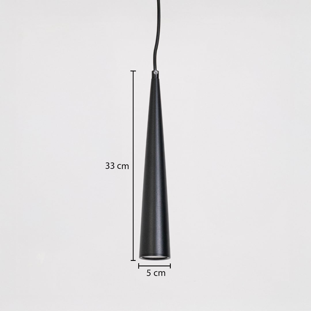 Black cone pendant light in metal finish with 33 cm height and 5 cm width shown on white background with measurement guide.