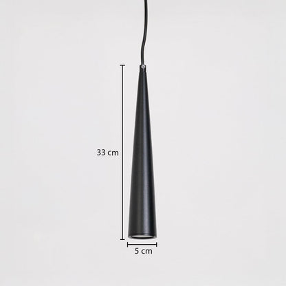 Black cone pendant light in metal finish with 33 cm height and 5 cm width shown on white background with measurement guide.