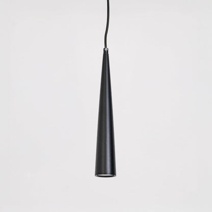 Black cone pendant light in matte metal finish displayed off on white background for modern and elegant home decoration.