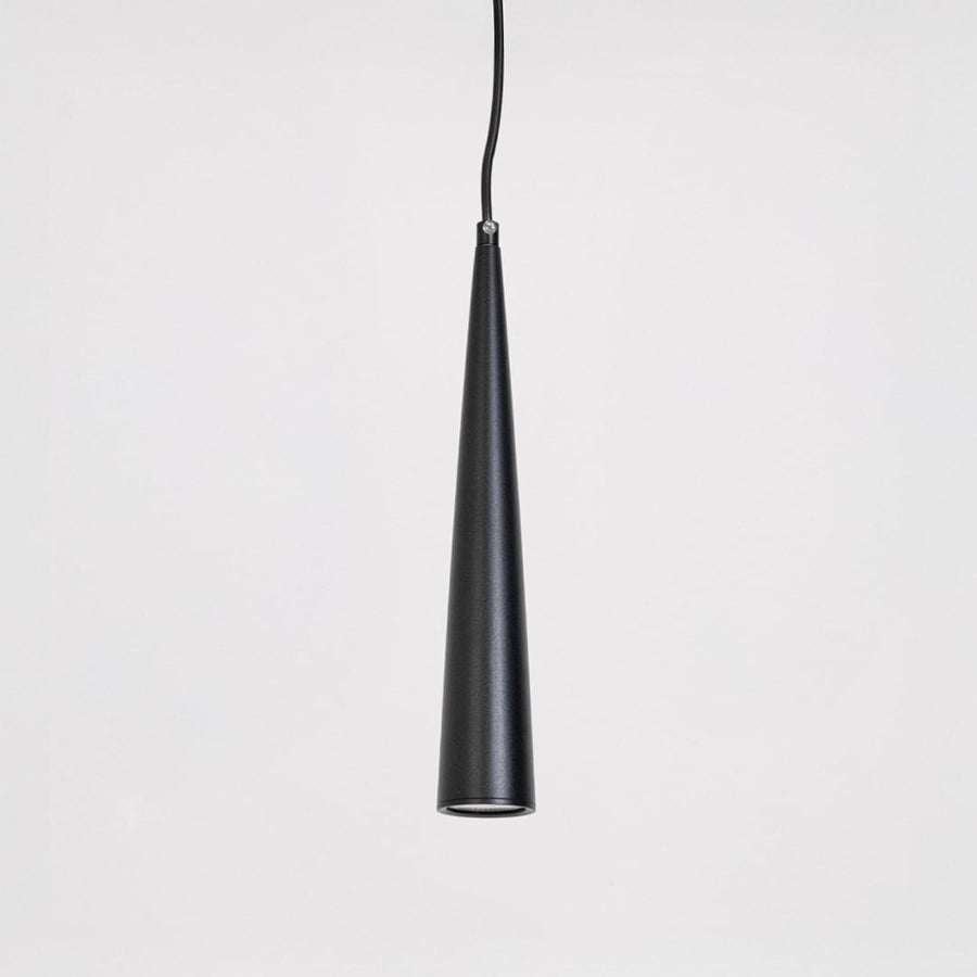 Black cone pendant light in matte metal finish displayed off on white background for modern and elegant home decoration.