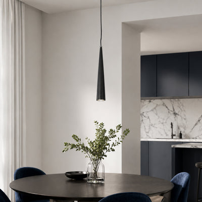 Black metal cone pendant light adding sleek elegance above the dining table in modern interiors.