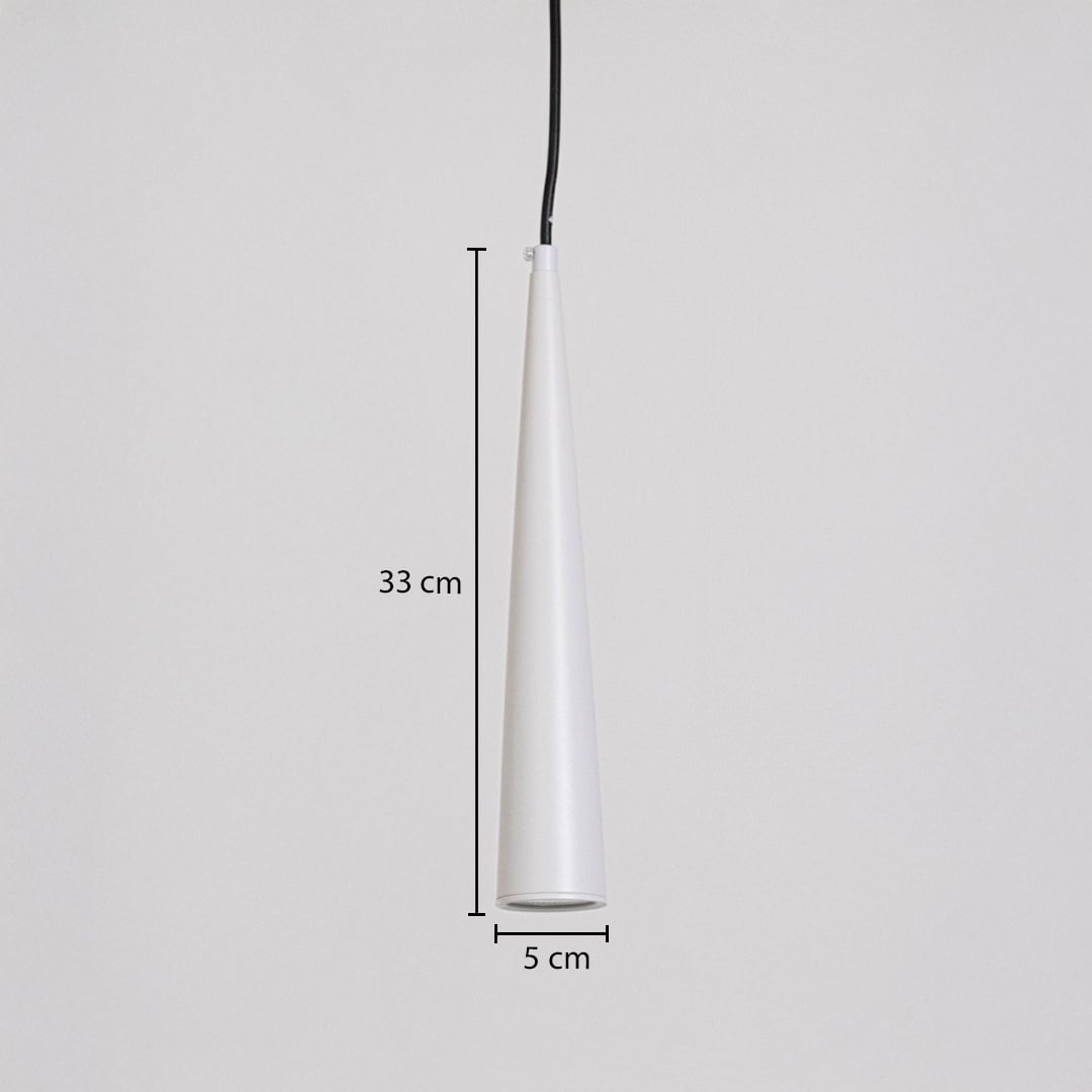 Black cone pendant light with measurements 33 cm height and 5 cm width shown on white background for size reference.
