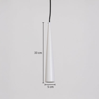 Black cone pendant light with measurements 33 cm height and 5 cm width shown on white background for size reference.