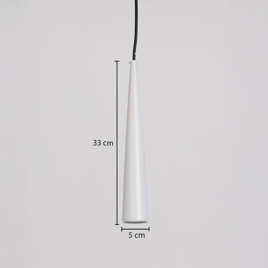 Black cone pendant light with measurements 33 cm height and 5 cm width shown on white background for size reference.