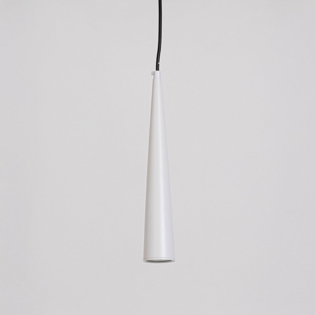 Single black cone metal pendant light shown switched off on white background perfect for modern interiors.