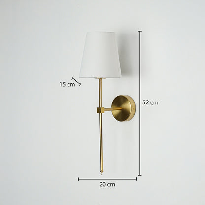 Metal wall light in gold finish with fabric shade showing 52 cm height 20 cm width and 15 cm shade size white background.