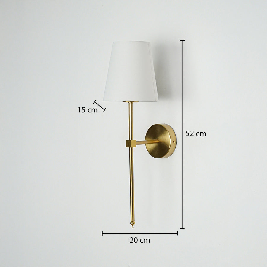 Metal wall light in gold finish with fabric shade showing 52 cm height 20 cm width and 15 cm shade size white background.