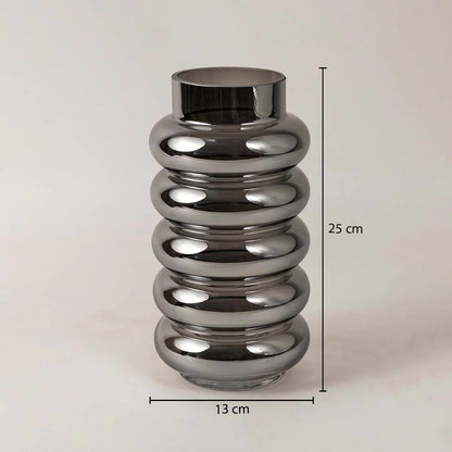 Dimension image of smoked grey glass cylinder vase with five stacked ribbed rings showing 25 cm height and 13 cm width.